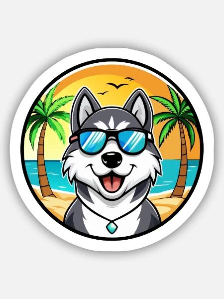 Husky Dog Drôle Dessin Animé Plage Lunettes De Soleil - Sticker taille S (10 x 10 cm) - blanc mat