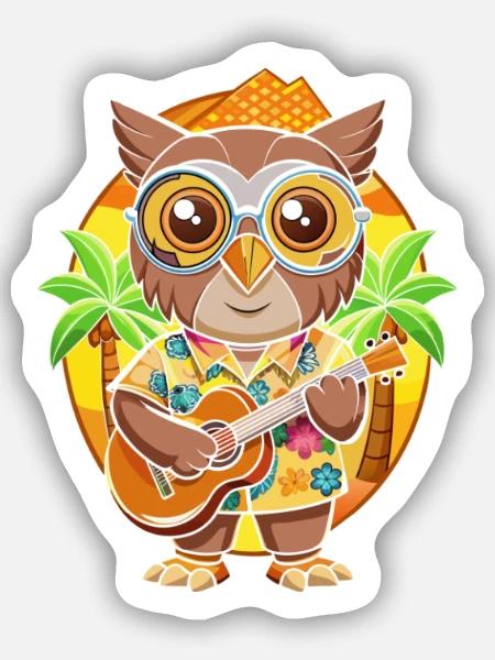 Lustige Eule Cartoon Sommer Strand Sonnenbrille Gitarre - Sticker Größe S (10 x 10 cm) - Mattweiß