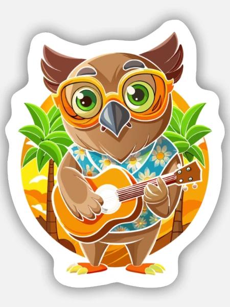 Lustige Eule Cartoon Sommer Strand Sonnenbrille Gitarre - Sticker Größe S (10 x 10 cm) - Mattweiß