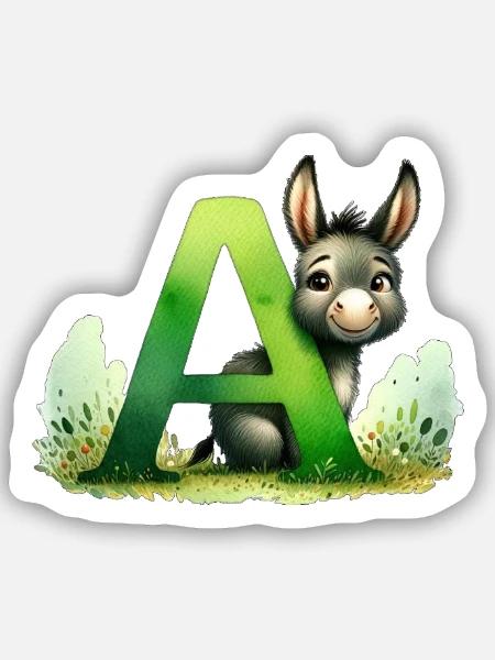 Tieralphabet - Buchstabe A für Esel - Zeichnung - Sticker Größe S (10 x 10 cm) - Mattweiß