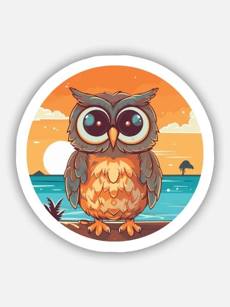 Eule lustige Karikatur Kawaii Strand Illustration - Sticker Größe S (10 x 10 cm) - Mattweiß