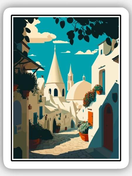 Alberobello Italien Vintage Reiseposter Souvenir - Sticker Größe S (10 x 10 cm) - Mattweiß