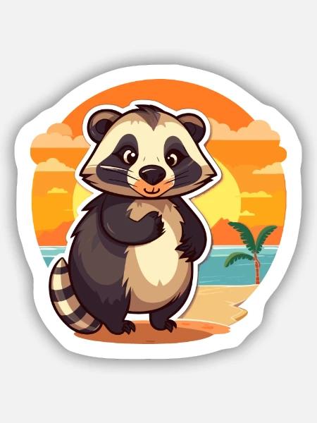 Dachs-lustige Cartoon-Kawaii-Strand-Illustration - Sticker Größe S (10 x 10 cm) - Mattweiß