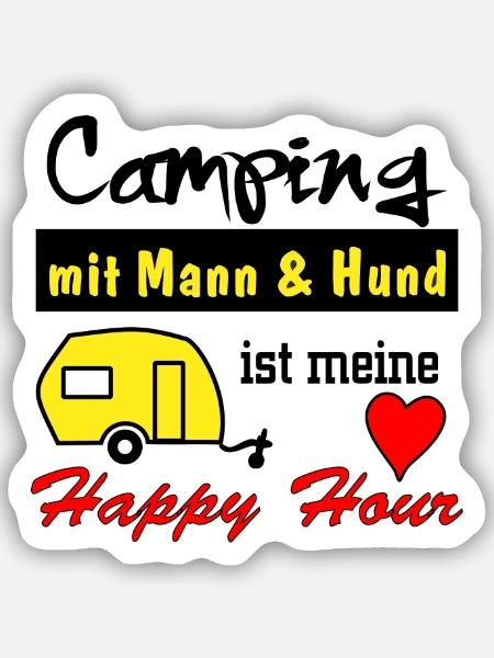 happy hour camping mit mann und hund - Sticker Größe S (10 x 10 cm) - Mattweiß