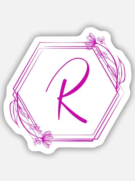 R Monogramm im Hexagon mit Blumen - Sticker Größe S (10 x 10 cm) - Mattweiß
