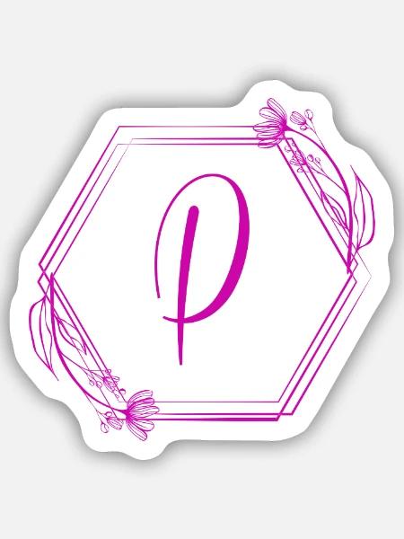 P Monogramm Floral Hexagon - Sticker Größe S (10 x 10 cm) - Mattweiß