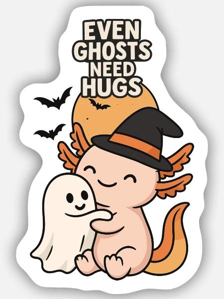Halloween Axolotl Umarmung mit Geist - Sticker Größe S (10 x 10 cm) - Mattweiß