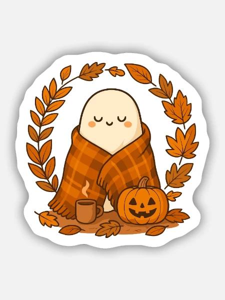 Geist im Herbstkranz mit Kürbis - Sticker Größe S (10 x 10 cm) - Mattweiß