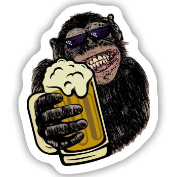 Affe mit Bier Biertrinkershirt Geschenk - Sticker Größe S (10 x 10 cm) - Mattweiß - Vorne
