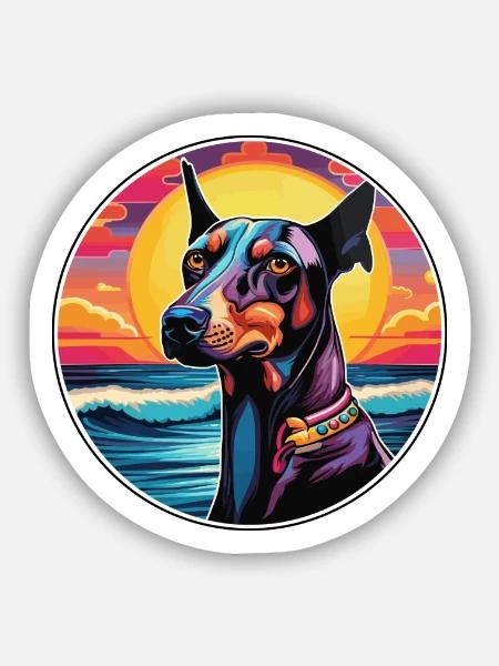 Dobermann Hunderasse Buntes Karikatur-Aquarell - Sticker Größe S (10 x 10 cm) - Mattweiß
