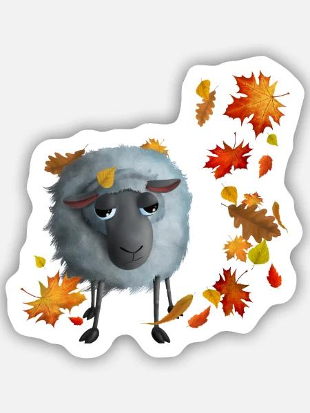 Schaf im Herbstlaub - Flauschiges Herbstmotiv - Sticker Größe S (10 x 10 cm) - Mattweiß
