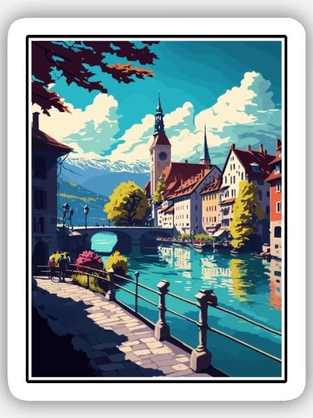 Thun Schweiz Vintage Reiseposter Souvenir - Sticker Größe S (10 x 10 cm) - Mattweiß