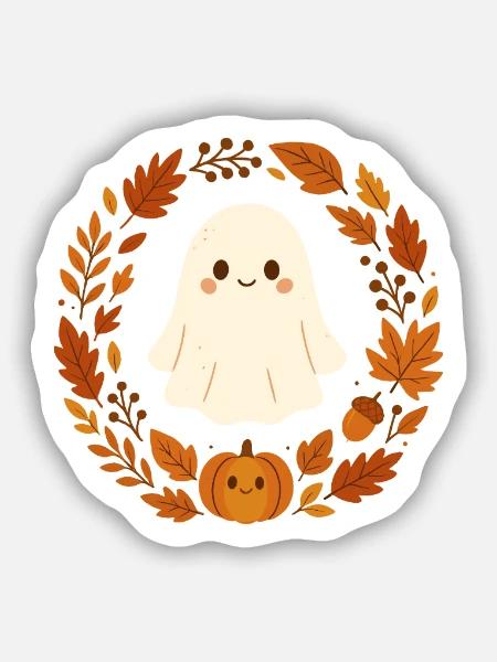 Cute Ghost im Herbstkranz – Cozy Halloween Design - Sticker Größe S (10 x 10 cm) - Mattweiß