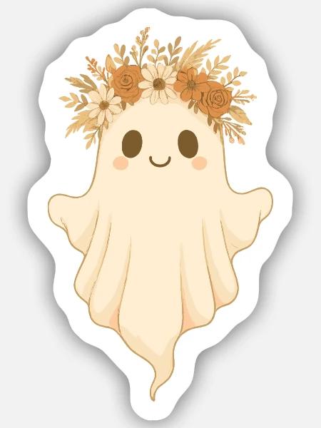Boho Geist mit Blumenkranz – Süßes Halloween - Sticker Größe S (10 x 10 cm) - Mattweiß