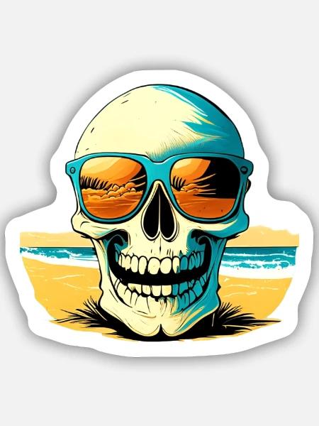 Skull with sunglasses on Beach - Sticker Größe S (10 x 10 cm) - Mattweiß