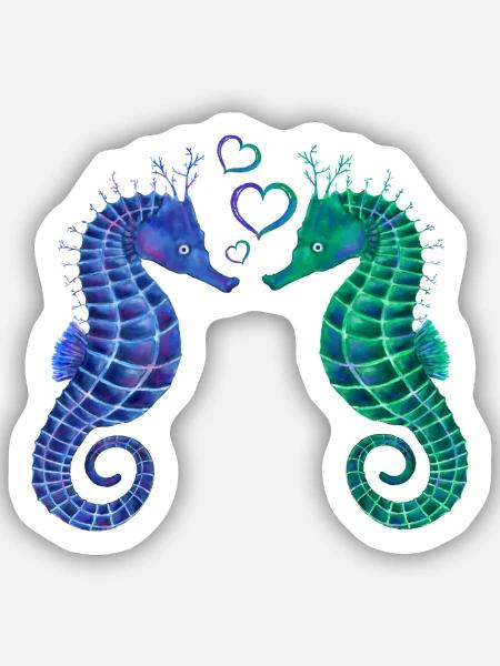 Seepferdchen Paar mit Herzen - Romantisches Motiv - Sticker Größe S (10 x 10 cm) - Mattweiß