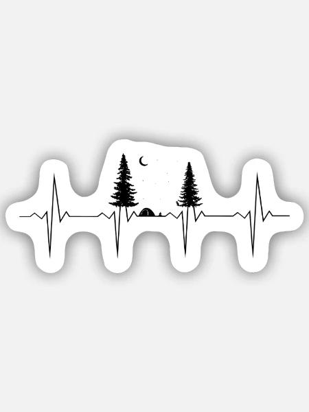 Herzschlag Camping - EKG Linie mit Zelt und Tannen - Sticker Größe S (10 x 10 cm) - Mattweiß