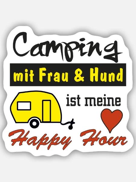 happy hour camping mit frau und hund - Sticker Größe S (10 x 10 cm) - Mattweiß