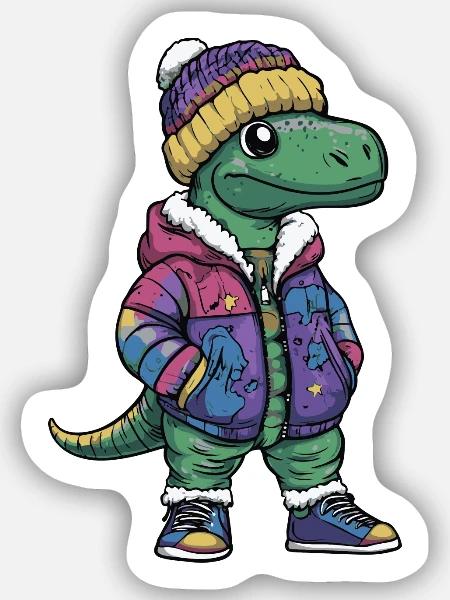 Dinosaurier mit Winterjacke und Mütze - Sticker Größe S (10 x 10 cm) - Mattweiß