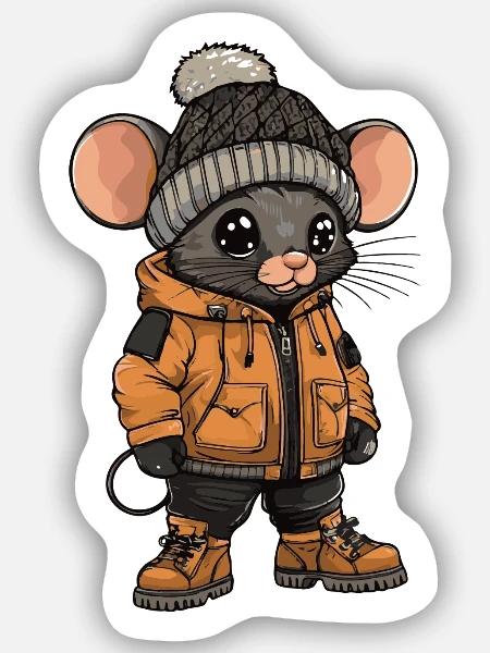 Maus mit Winterjacke und Mütze - Sticker Größe S (10 x 10 cm) - Mattweiß