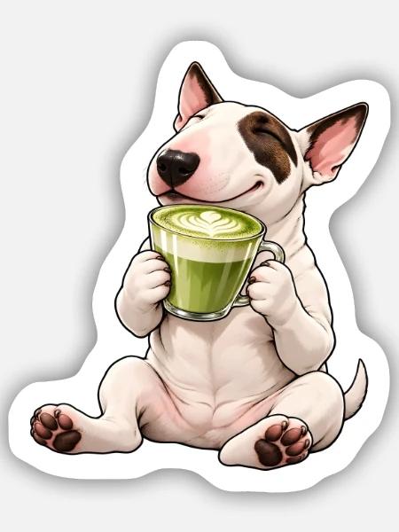 Bull Terrier mit Matcha Latte - Sticker Größe S (10 x 10 cm) - Mattweiß