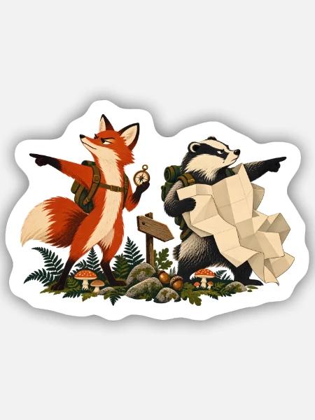 Fuchs und Dachs auf Wandertour - Sticker Größe S (10 x 10 cm) - Mattweiß