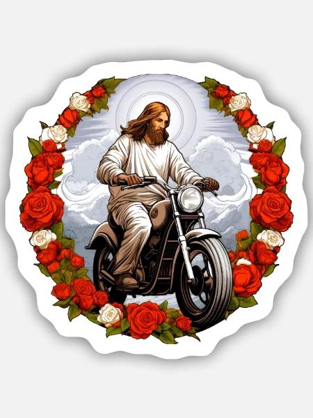 Motorrad Jesus - Sticker Größe S (10 x 10 cm) - Mattweiß
