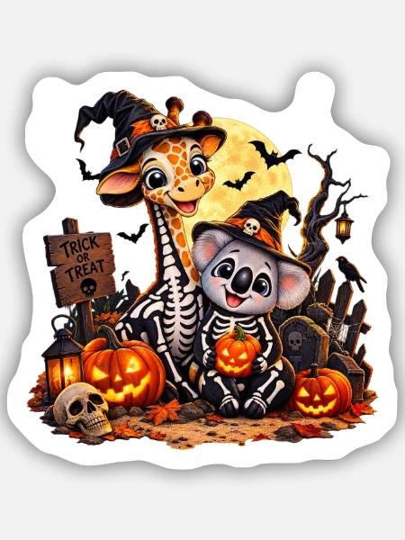 Giraffen- und Koala-Halloween-Skelette - Sticker Größe S (10 x 10 cm) - Mattweiß