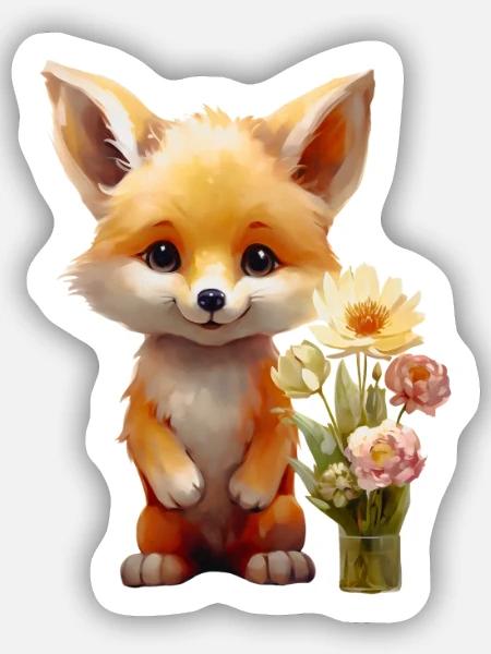Süsser Fuchs mit Blumen – Kleiner Glücksbringer - Sticker Größe S (10 x 10 cm) - Mattweiß