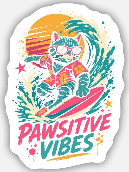Surfende Katze – Pawsitive Vibes - Sticker Größe S (10 x 10 cm) - Mattweiß