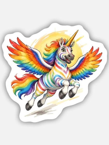 Regenbogen-Einhorn mit Flügeln - Sticker Größe S (10 x 10 cm) - Mattweiß