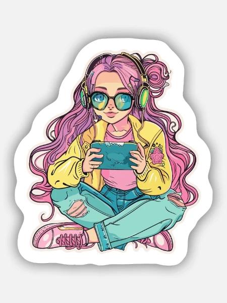 Gamer Mädchen Cartoon Look - Sticker Größe S (10 x 10 cm) - Mattweiß