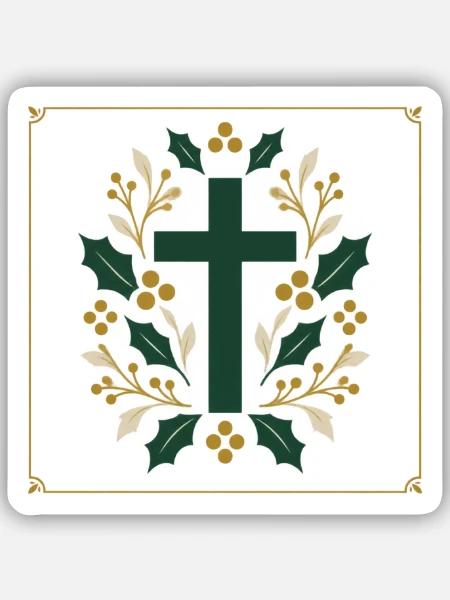 Grüner Kreuzkranz mit Stechpalmen - Sticker Größe S (10 x 10 cm) - Mattweiß