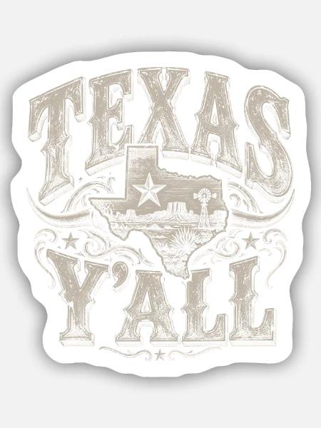 Texas Y'all Vintage State Emblem - Sticker Größe S (10 x 10 cm) - Mattweiß