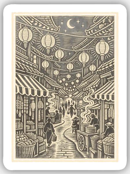 Linoleumschnitt der Laternen-Nachtmarktstraße - Sticker Größe S (10 x 10 cm) - Mattweiß