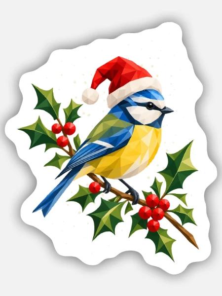 Weihnachtliche Blaumeise auf Stechpalme - Sticker Größe S (10 x 10 cm) - Mattweiß