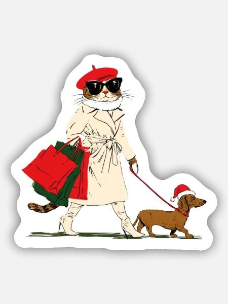 Christmas Shopping Fashion Cat - Sticker Größe S (10 x 10 cm) - Mattweiß