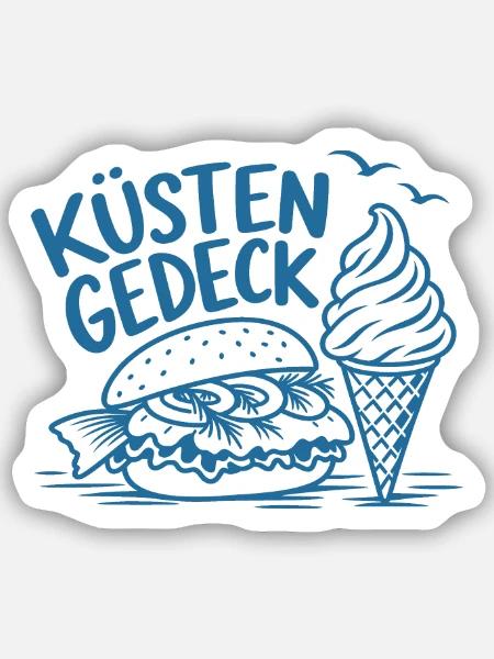 Küstengedeck – Fischbrötchen und Softeis - Sticker Größe S (10 x 10 cm) - Mattweiß