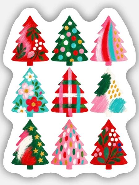 Weihnachten Boho Gemalte Weihnachtsbäume - Sticker Größe S (10 x 10 cm) - Mattweiß