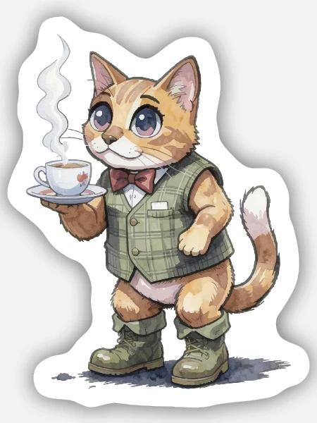 Katze im Tweed-Anzug mit Dampfender Tasse - Sticker Größe S (10 x 10 cm) - Mattweiß