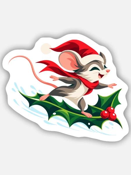 Fröhliche Maus surft auf Stechpalme - Sticker Größe S (10 x 10 cm) - Mattweiß
