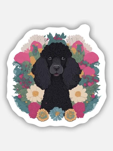 Schwarzer Pudel mit Blumen Pudel Liebhaber Hund - Sticker Größe S (10 x 10 cm) - Mattweiß