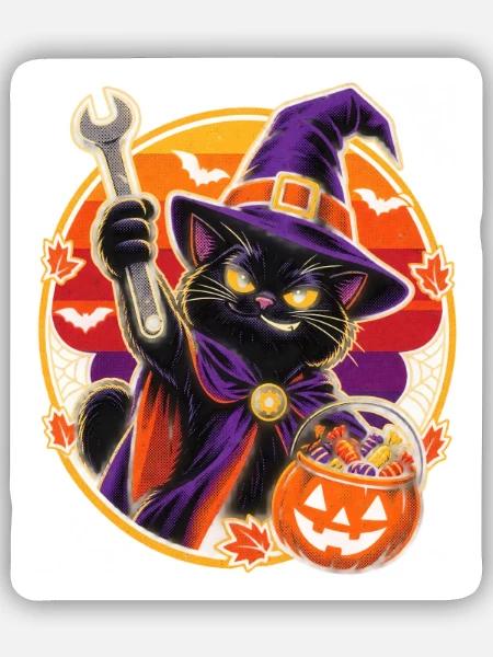 Halloween Hexenkatze mit Schraubenschlüssel - Sticker Größe S (10 x 10 cm) - Mattweiß