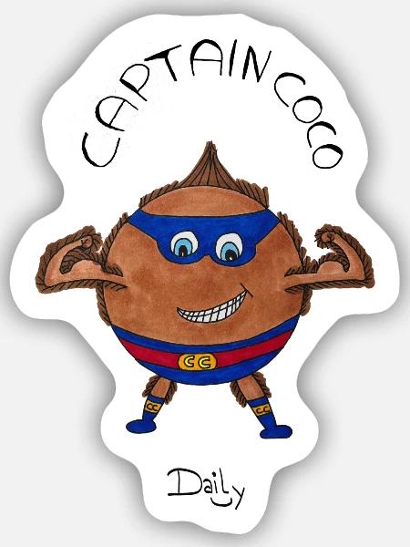 CaptainCoco – Kokosnuss-Superheld mit Maske - Sticker Größe S (10 x 10 cm) - Mattweiß