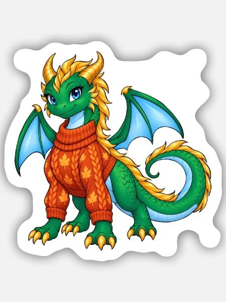 Süßes grünes Drachenmädchen im Herbstpullover - Sticker Größe S (10 x 10 cm) - Mattweiß