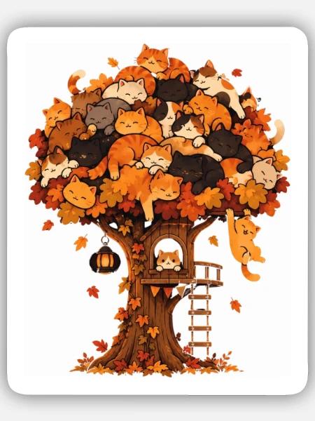 Katzenbaum Herbsttraum - Sticker Größe S (10 x 10 cm) - Mattweiß