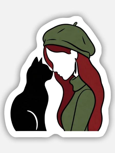 ragazza_rossa_con_basco_verde_con_gatto_nero - Sticker Größe S (10 x 10 cm) - Mattweiß