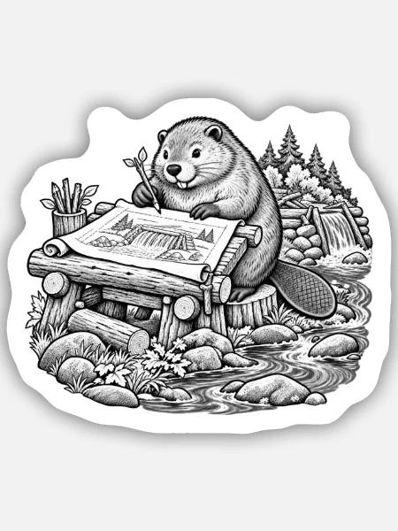 Beaver Architekt entwirft einen Walddamm - Sticker Größe S (10 x 10 cm) - Mattweiß