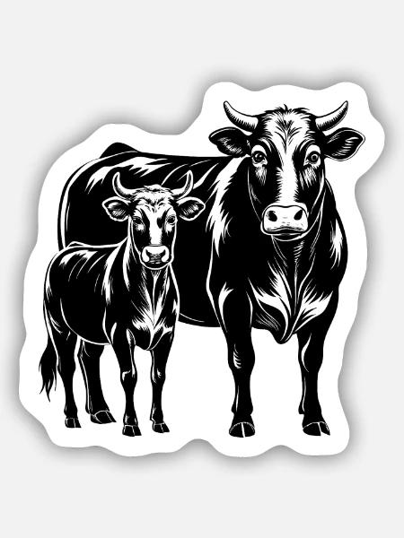 Schwarzes Angus-Kuh-Kalb-Paar - Sticker Größe S (10 x 10 cm) - Mattweiß