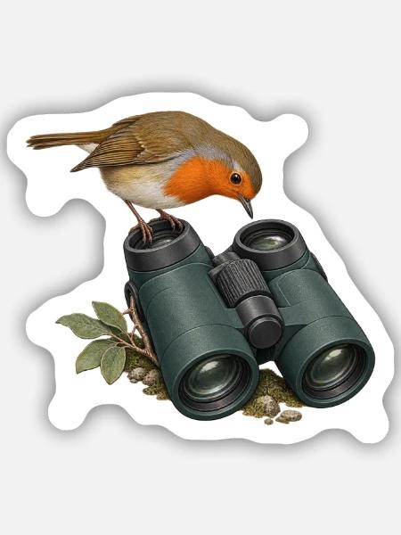Perspektivwechsel – Rotkehlchen am Fernglas - Sticker Größe S (10 x 10 cm) - Mattweiß